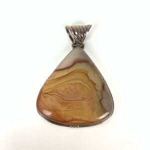 Sterling Silver Jasper Pendant Triangle Chunky Big Bold Stamped 925 Vtg Brown